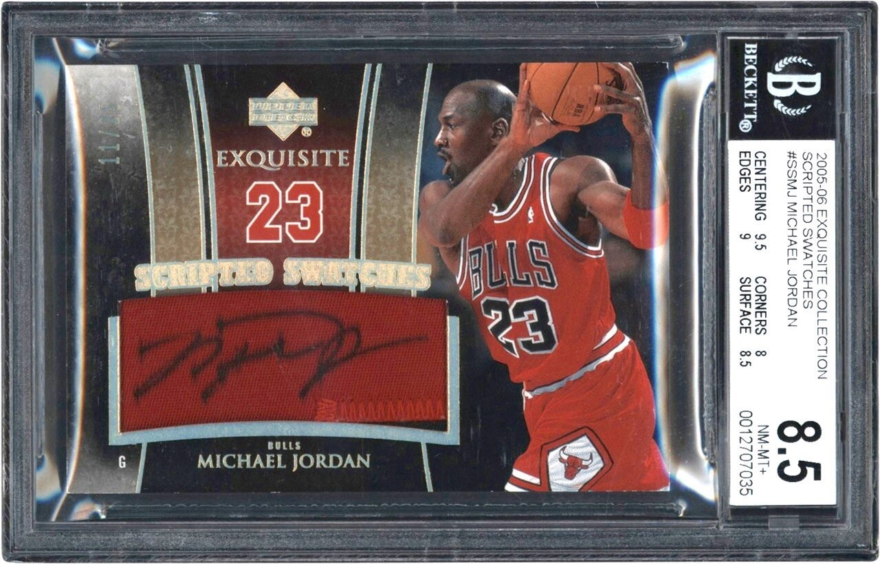 - 2005-06 Exquisite Collection Scripted Swatches #SSMJ Michael Jordan Game Worn Patch Auto 11/25 BGS NM-MT+ 8.5 - Auto 10 (Pop 1 of 3 - None Higher!)