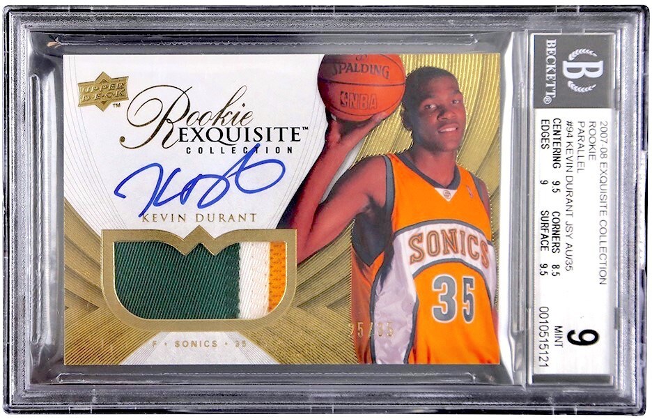 - 2007-08 Exquisite Collection Rookie Parallel #94 Kevin Durant RPA Three Color Patch Autograph 25/35 BGS MINT 9 - Auto 10