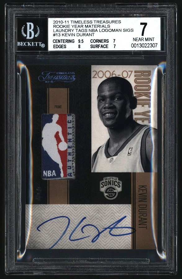 2010-11 Timeless Treasures Rookie Year Materials #13 Kevin Durant "1/1" Logoman Tag Patch Autograph BGS NM 7