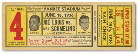 - June 18, 1936 Joe Louis vs Max Schmeling Full Ticket (2.5x7”)