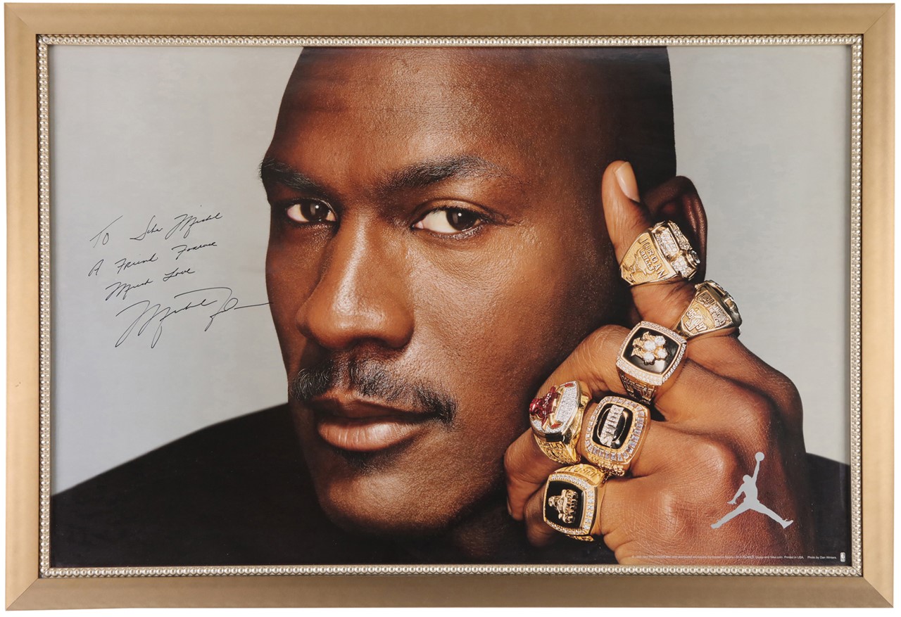 Basketball - 1999 Michael Jordan Signed "Friend Forever" Oversized Six Rings Poster to "Last Dance" Security Guard John Michael Wozniak (PSA)