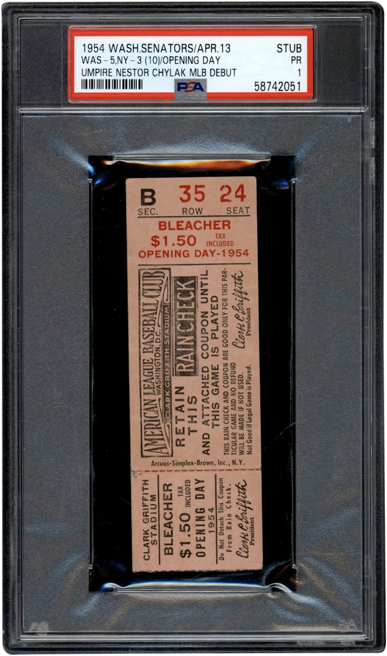 - 1954 Nestor Chylak Major League Debut Ticket Stub PSA PR 1