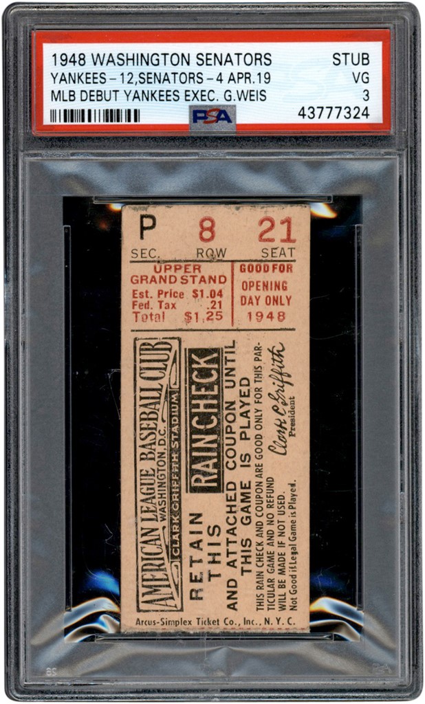 - 1948 George Weiss Major League Executive Debut Ticket Stub PSA VG 3 (Pop 2 - None Higher)
