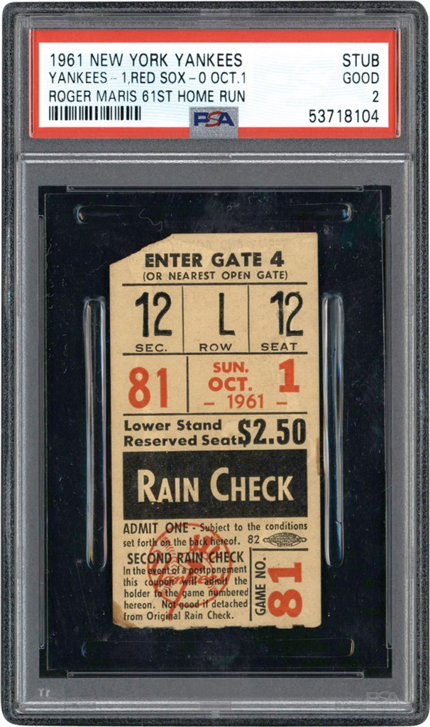 Tickets, Publications & Pins - 1961 Roger Maris 61st Home Run Game Ticket Stub PSA GD 2