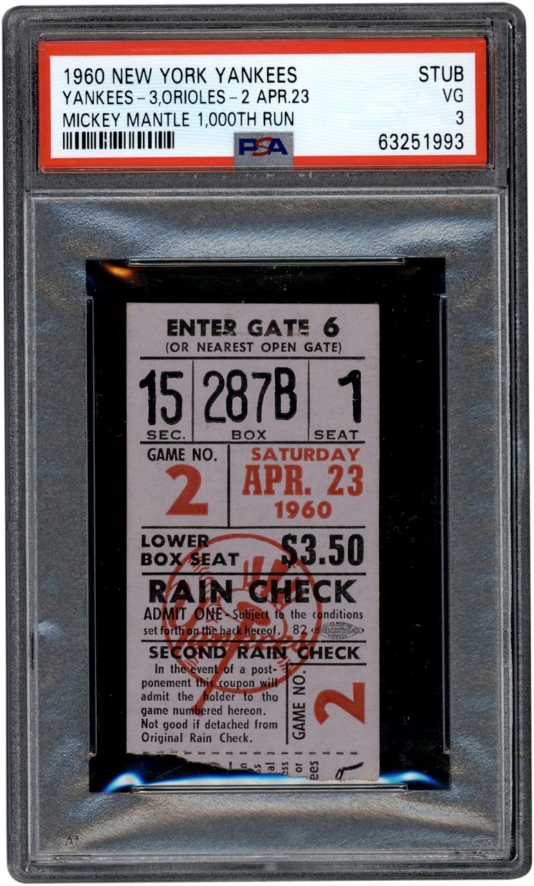 - 1960 Mickey Mantle 1,000th Career Run Ticket Stub PSA VG 3 (Pop 1 - Highest Graded)