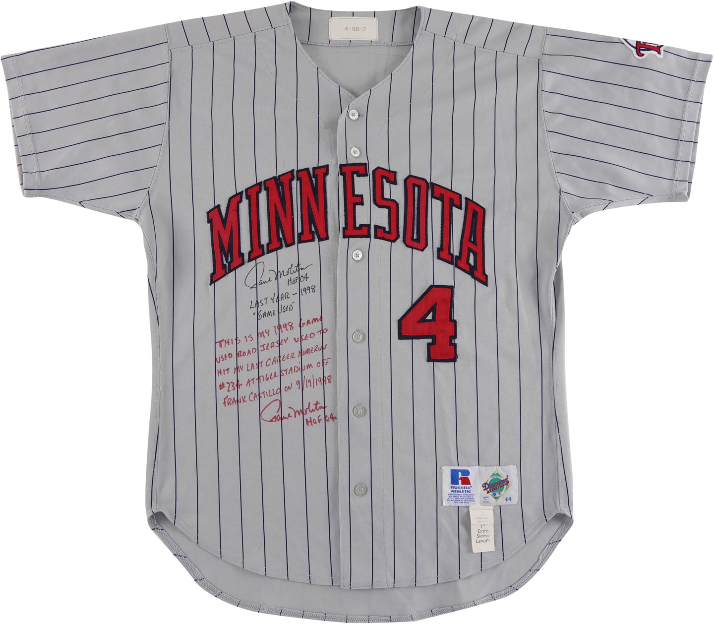 Baseball Equipment - 1998 Paul Molitor Minnesota Twins Final Career Home Run Game Worn Jersey (Molitor Letter)