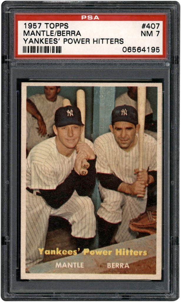 Baseball and Trading Cards - 1957 Topps Baseball #407 Mantle & Berra Yankees Power Hitters Card PSA NM 7