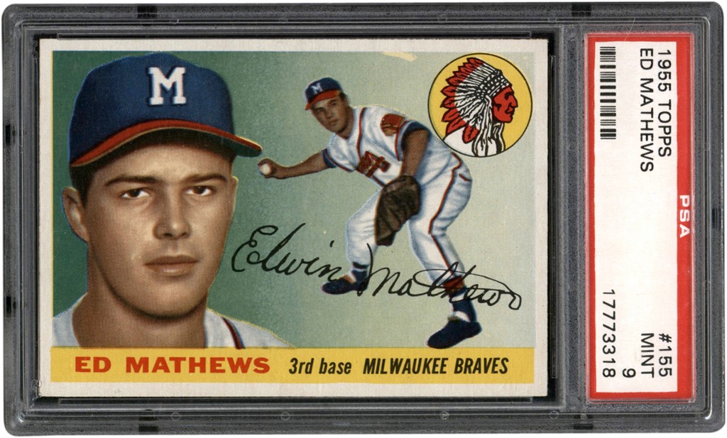 Baseball and Trading Cards - 1955 Topps Baseball #155 Eddie Mathews Card PSA MINT 9 (Highest Graded)
