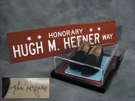Hugh Heffner Autographed Slippers and Sign (9x36”)