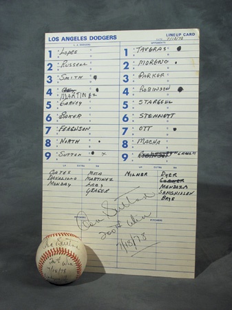 Game Used Baseballs - Don Sutton Signed 200th Win Baseball and Line Up Card
