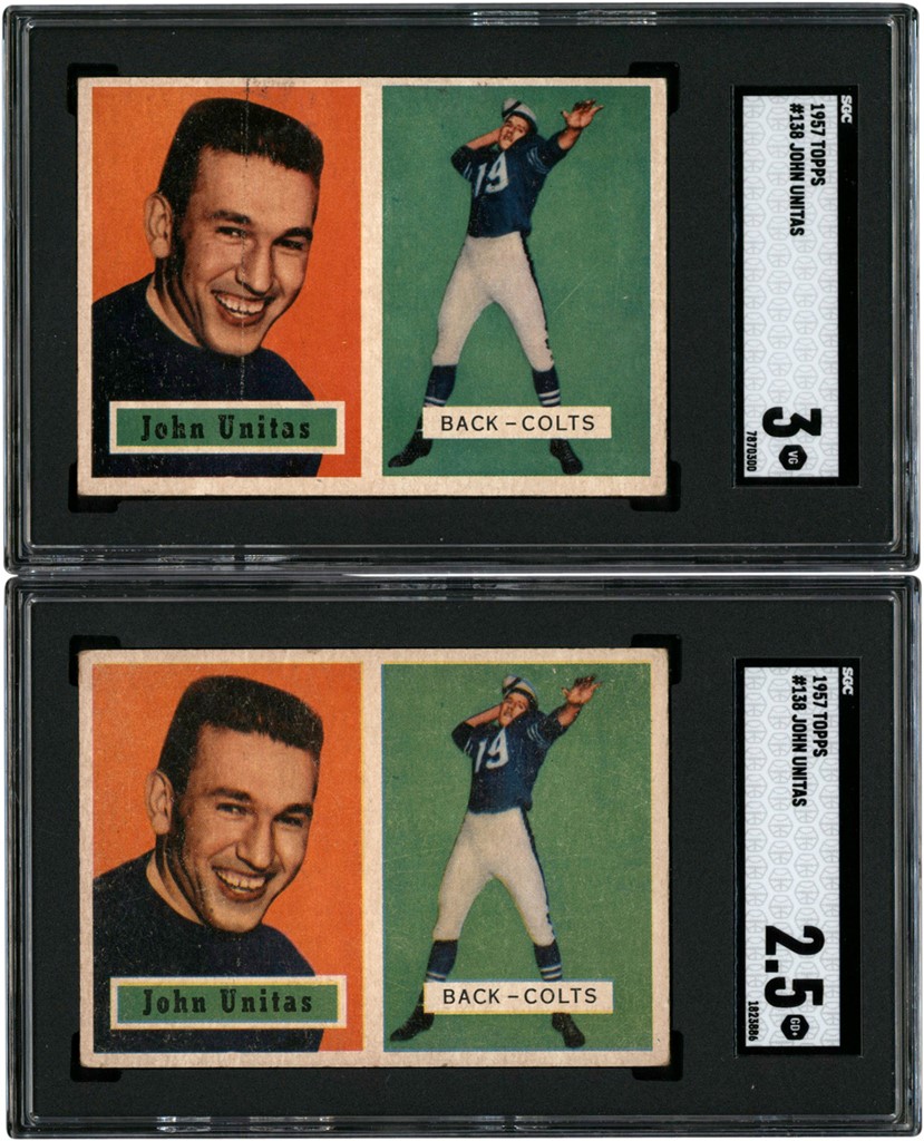 Football Cards - 1957 Topps Football #138 Johnny Unitas SGC 2.5 & 3 Rookie Pair