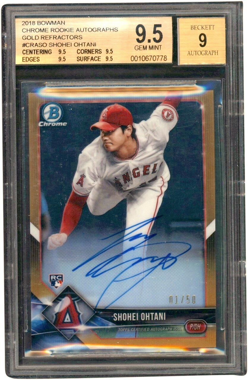 - 018 Bowman Chrome Rookie Autographs Gold Refractor #CRASO Shohei Ohtani Autograph 01/50 BGS GEM MINT 9.5 (True Gem)