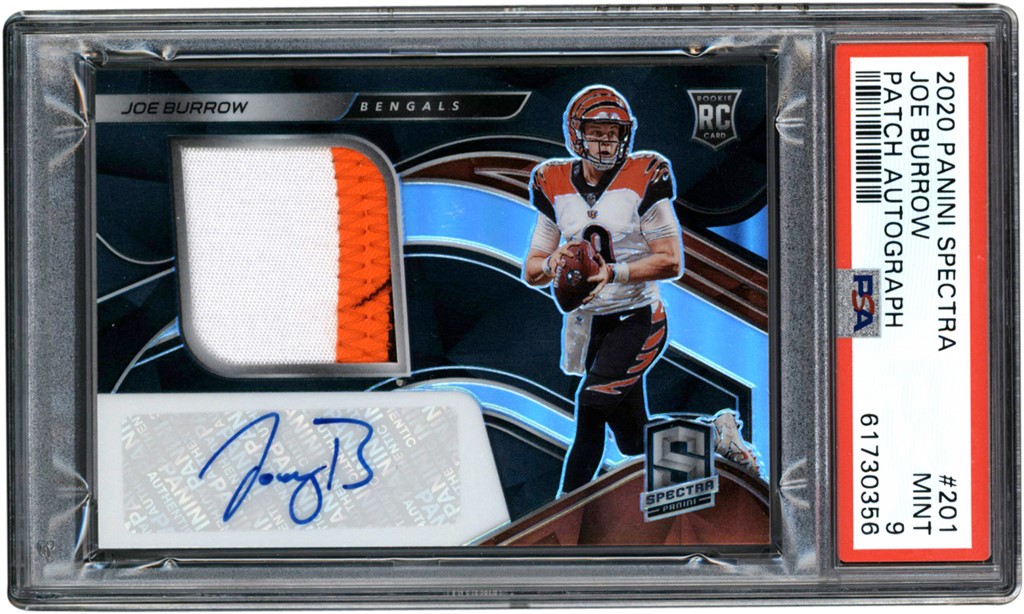 - 020 Panini Spectra Patch Autograph #201 Joe Burrow Rookie 49/99 PSA MINT 9 - Auto 10
