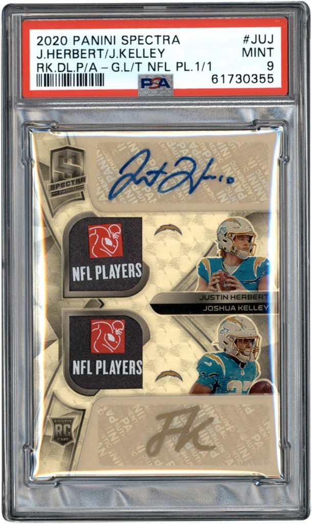 - 020 Panini Spectra Gold Vinyl #JUJ Justin Herbert & Joshua Kelley "1/1" Dual Tag Patch Rookie Autograph PSA MINT 9