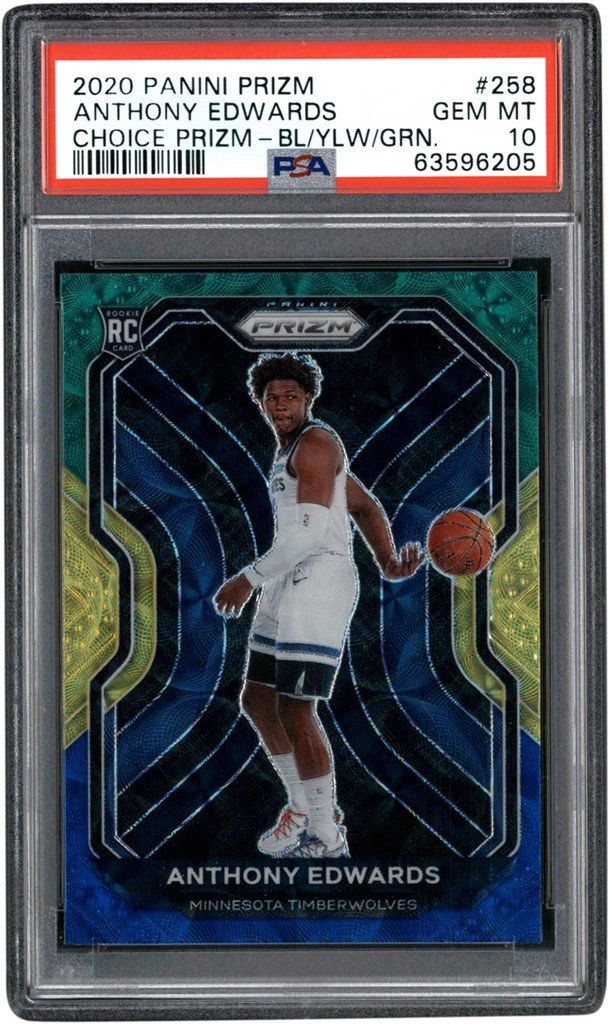 - 020 Panini Prizm Choice Blue Yellow Green #258 Anthony Edwards Rookie PSA GEM MINT 10 (Pop 5)