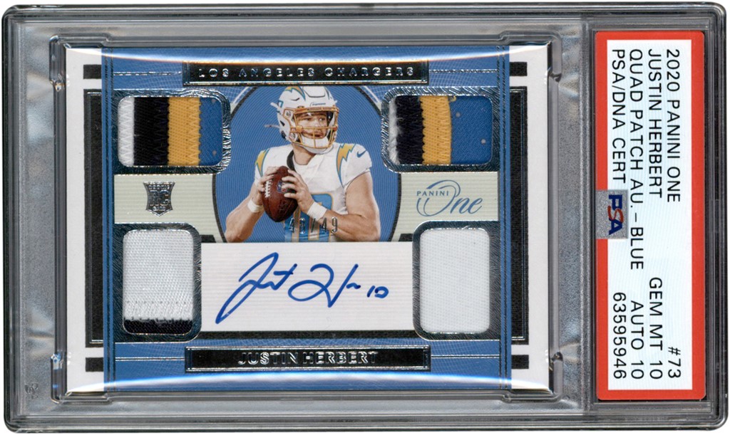 - 020 Panini One Quad Patch Autograph Blue #73 Justin Herbert Patch Autograph 48/49 PSA GEM MINT 10 - Auto 10 (Pop 2)