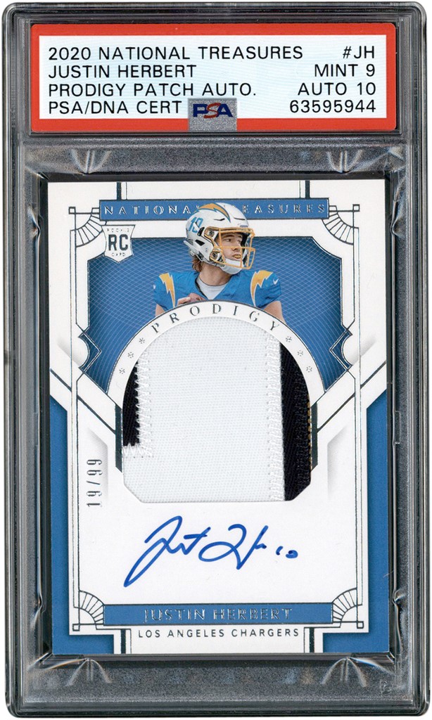 - 020 National Treasures Prodigy Patch Auto #JH Justin Herbert RPA Rookie Patch Autograph 19/99 PSA MINT 9 - Auto 10