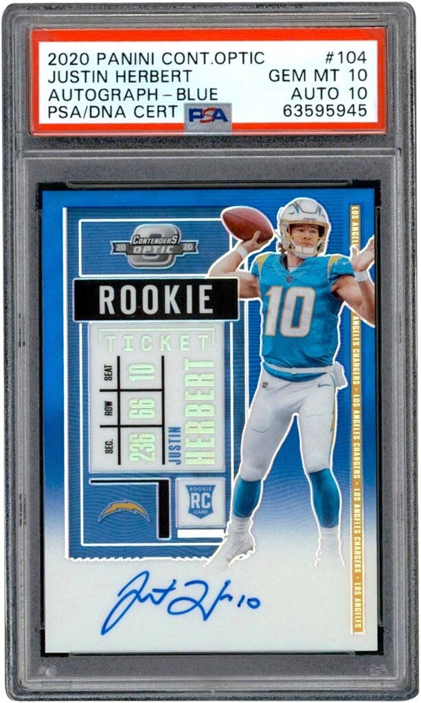 - 020 Panini Contenders Optic Autograph Blue #104 Justin Herbert Rookie Autograph 42/75 PSA GEM MINT 10 - Auto 10 (Pop 5)