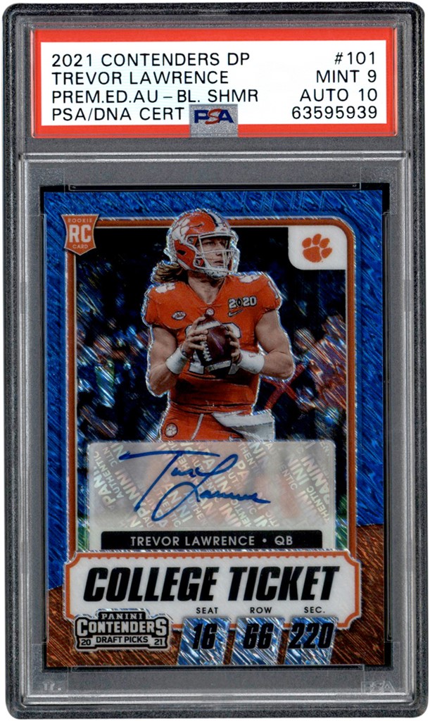 - 021 Contenders DP Premium College Ticket Blue Shimmer #101 Trevor Lawrence Rookie Autograph 01/27 PSA MINT 9 - Auto 10 (Pop 3 Highest Graded)