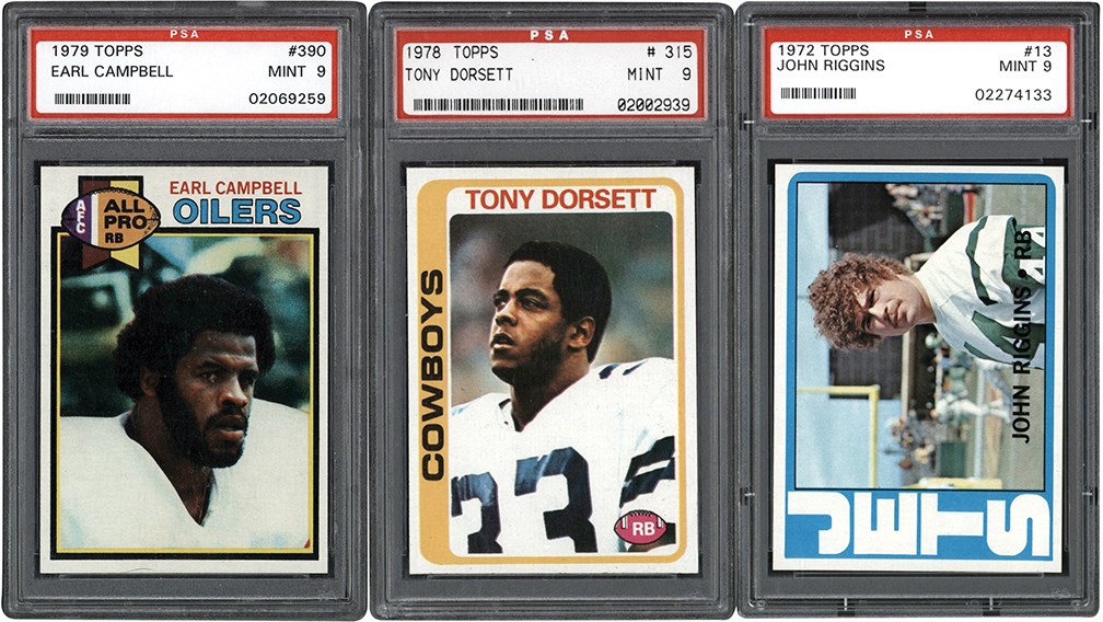 Football Cards - 1972-1979 NFL Hall of Famers PSA 9 Trio - Campbell, Dorsett, Riggins