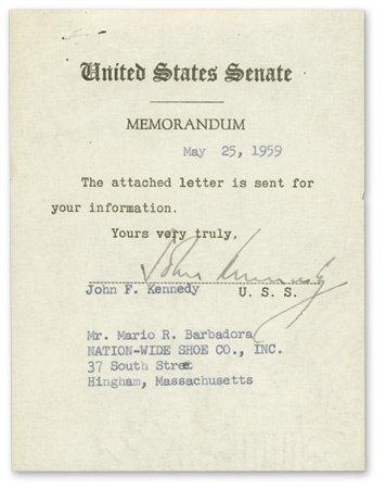 Political - 1959 John F. Kennedy Signed Memorandum