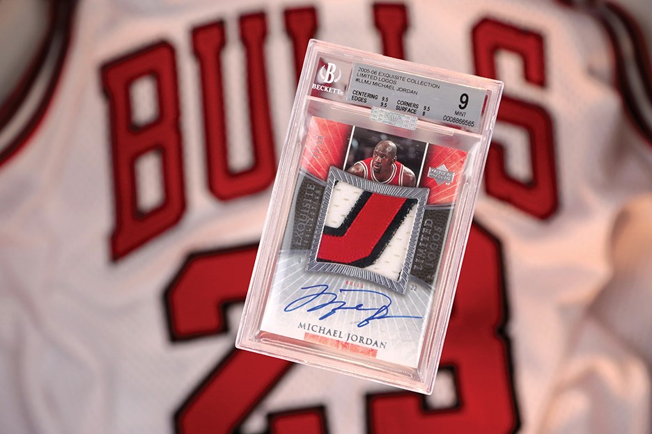 Basketball Cards - 005-06 Exquisite Collection Limited Logos #LLMJ Michael Jordan Game Used Patch Autograph - JERSEY # 23/50! BGS MINT 9 - Auto 10