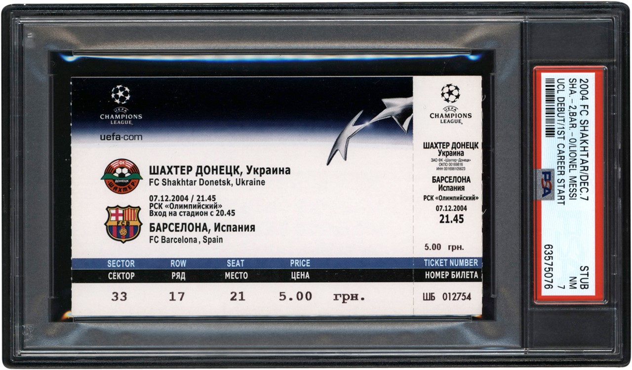 - 2004 Lionel Messi 1st Career Start Rookie Debut Ticket Stub PSA NM 7