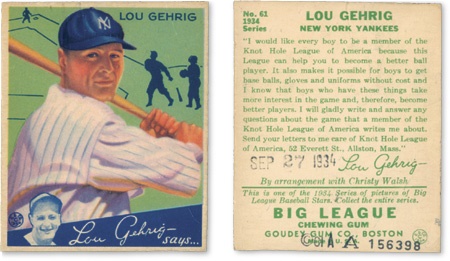 Baseball and Trading Cards - 1934 Goudey Lou Gehrig Registered Patent Card