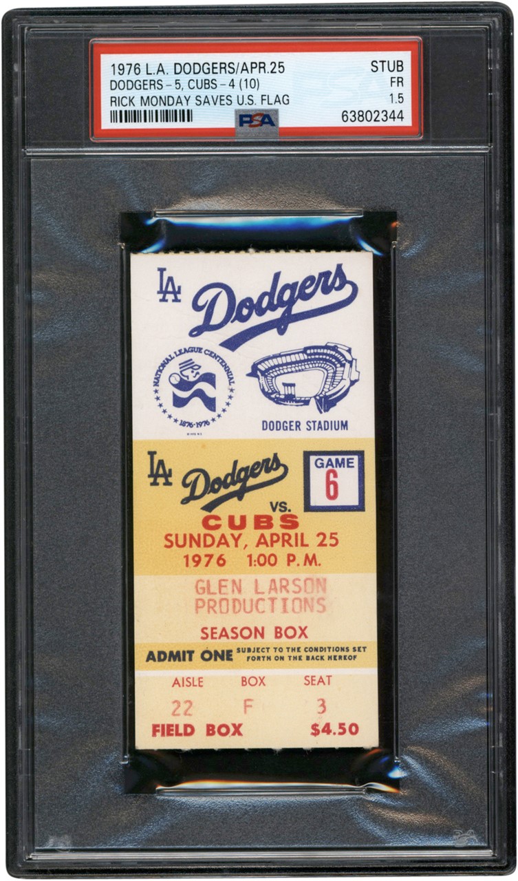- 4/25/76 Rick Monday Saves U.S. Flag Ticket Stub PSA FR 1.5