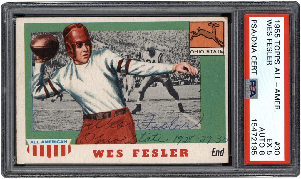 Football Cards - 1955 Topps All American #30 Wes Fesler PSA EX 5 - Auto 8 (Pop 1 - 2 Higher!)