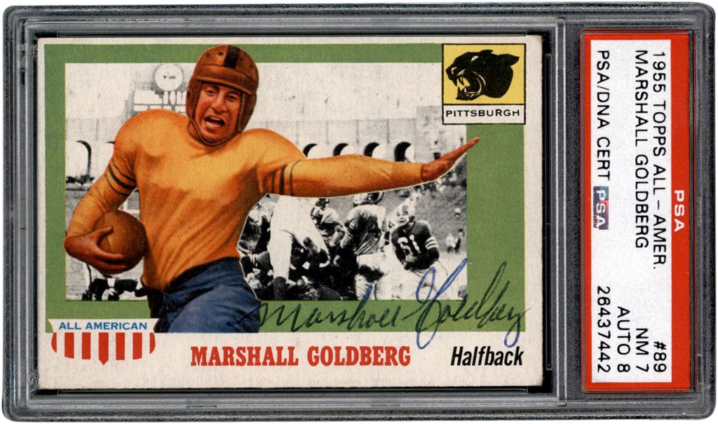 Football Cards - 1955 Topps All American #89 Marshall Goldberg PSA NM 7 - Auto 8 (Pop 1 of 1 - Highest Graded)