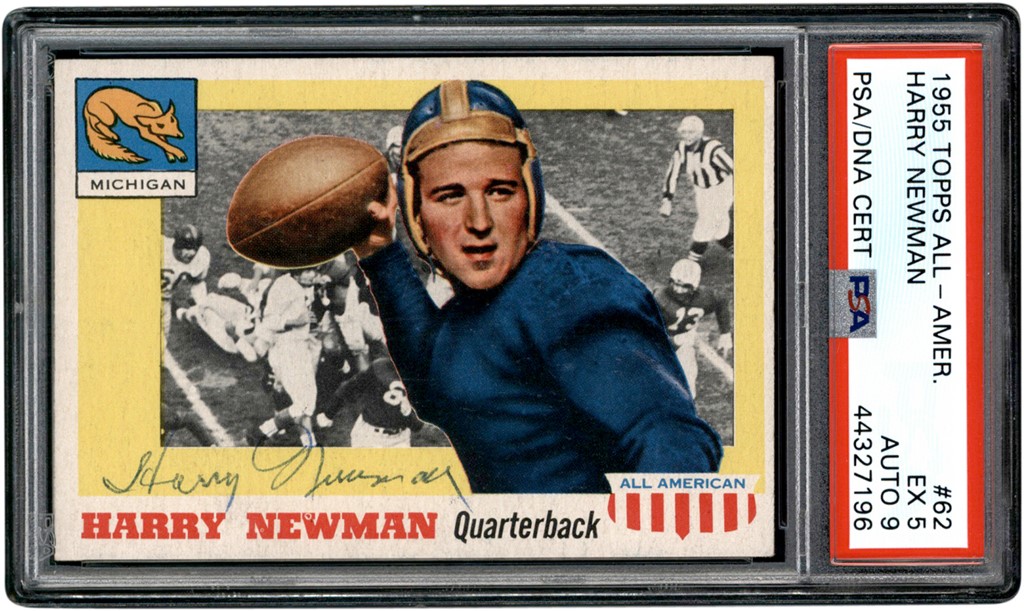 Football Cards - 1955 Topps All American #62 Harry Newman PSA EX 5 - Auto 9 (Pop 3 - None Higher!)