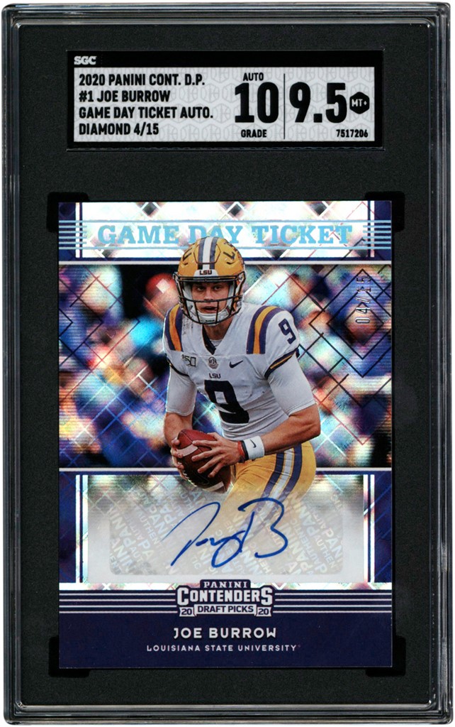 - 020 Panini Contenders Game Day Ticket Diamond #1 Joe Burrow Rookie Autograph 04/15 SGC MINT+ 9.5 - Auto 10