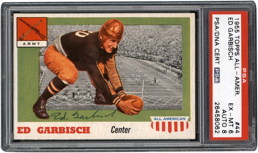 Football Cards - 1955 Topps All American Football #44 Ed Garbisch PSA EX-MT 6 Auto 8 (Pop 1 of 1 - Highest Graded)