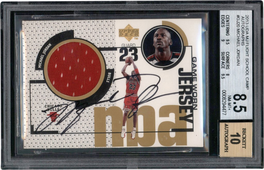 - 998-99 Upper Deck UD Game Jersey #GJ20 Michael Jordan Autograph Flight School BGS NM-MT+ 8.5 - Auto 10