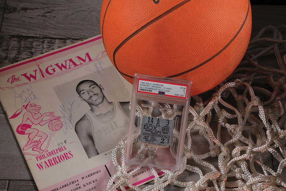 Basketball - lt Chamberlain 100 Point Game Signed Program and High-Grade Ticket Stub (PSA)