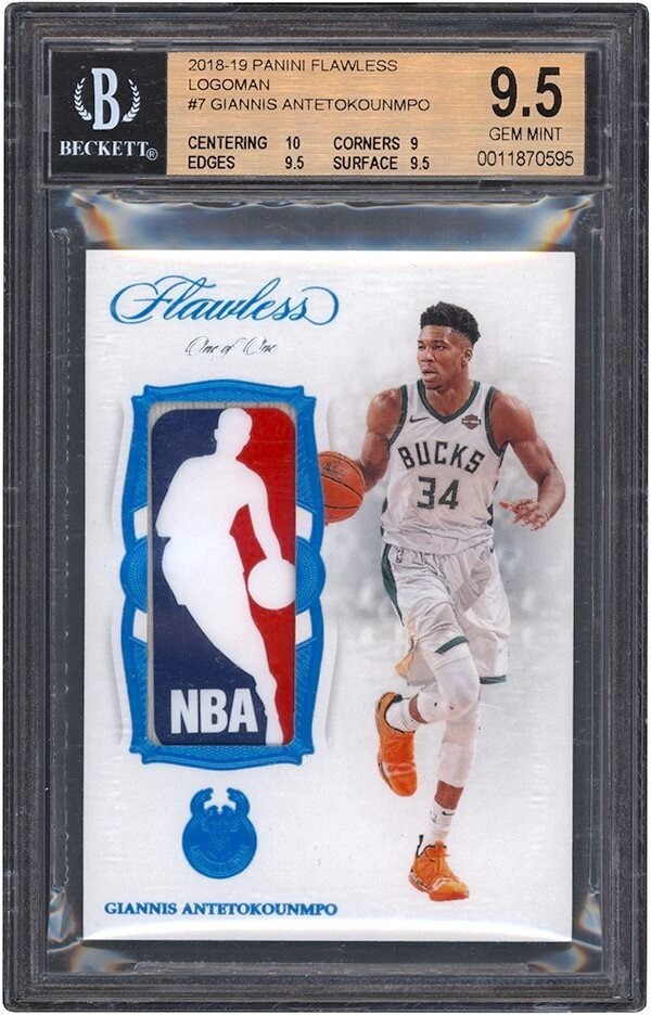 - 18-19 Panini Flawless Logoman #7 Giannis Antetokounmpo "1/1" Game Used Logoman Patch BGS GEM MINT 9.5