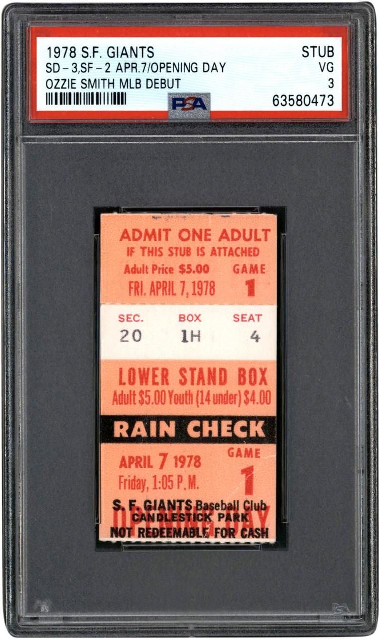 - 1978 Ozzie Smith Major League Debut Ticket Stub PSA VG 3 (Pop 2 - None Higher)