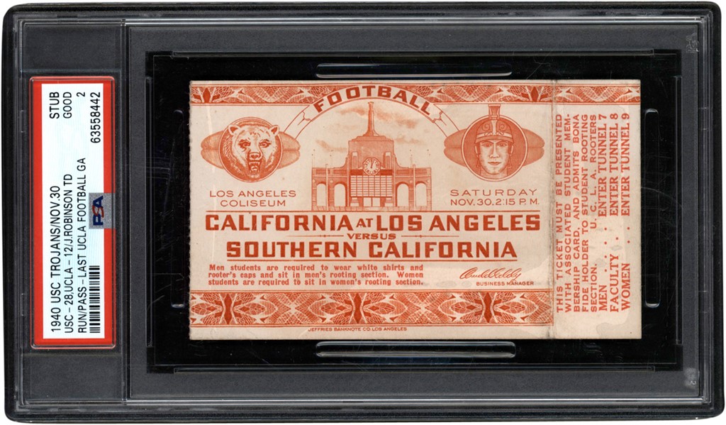 - 1940 Jackie Robinson Last UCLA Football Game Ticket Stub PSA GOOD 2 (Pop 1 - Two Higher)