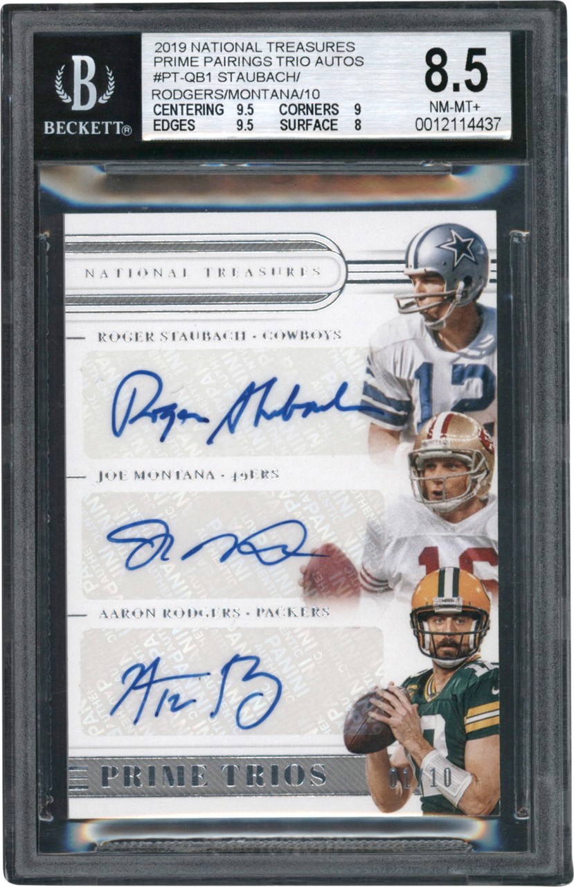 - 019 National Treasures Prime Pairings Trio Autos #PT-QB1 Staubach, Rodgers, Montana 01/10 BGS NM-MT+ 8.5 - Auto 10