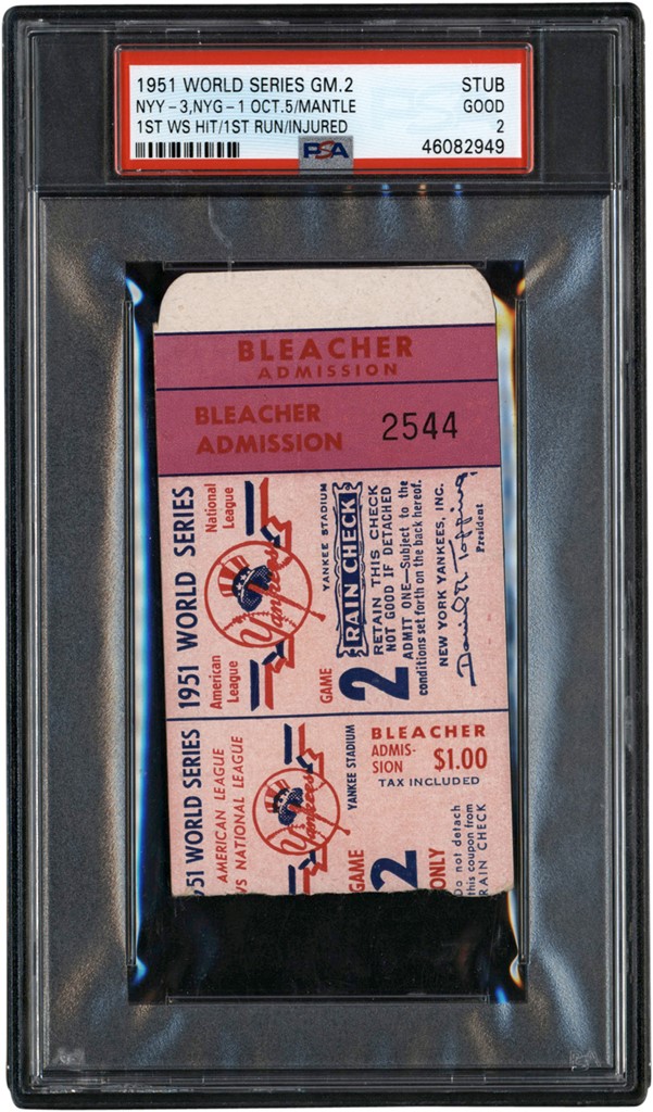 - 1951 World Series Game 2 Mickey Mantle 1st World Series Hit & Run Ticket Stub PSA GOOD 2