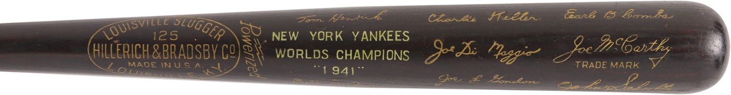 Baseball Equipment - 1941 New York Yankees World Champions Presentational Black Bat