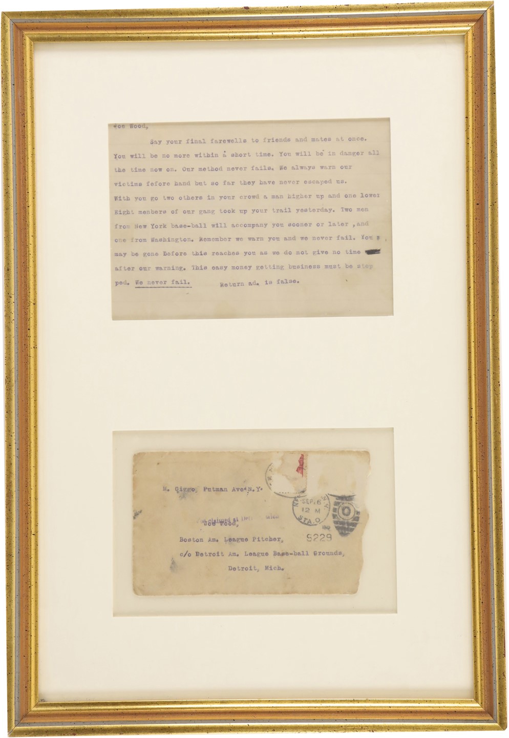 - Fascinating Death Threat Letter to Joe Wood