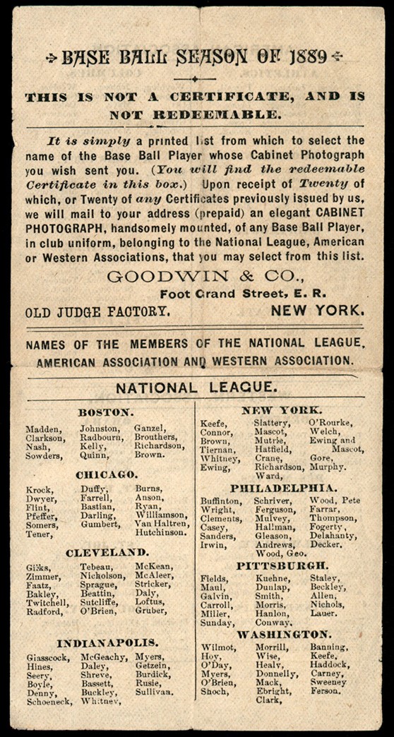- 1889 N173 Old Judge Baseball Cabinet Cards Checklist