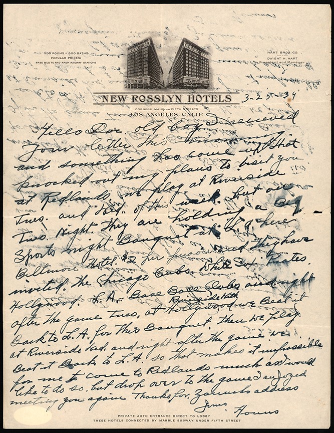 - 1934 Honus Wagner Signed Handwritten Letter (JSA)