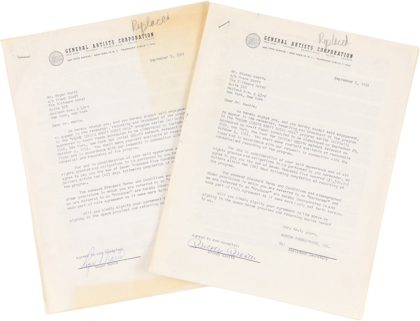 - 1961 Mickey Mantle & Roger Maris Signed Perry Como Appearance Contracts from Historic Season (PSA)