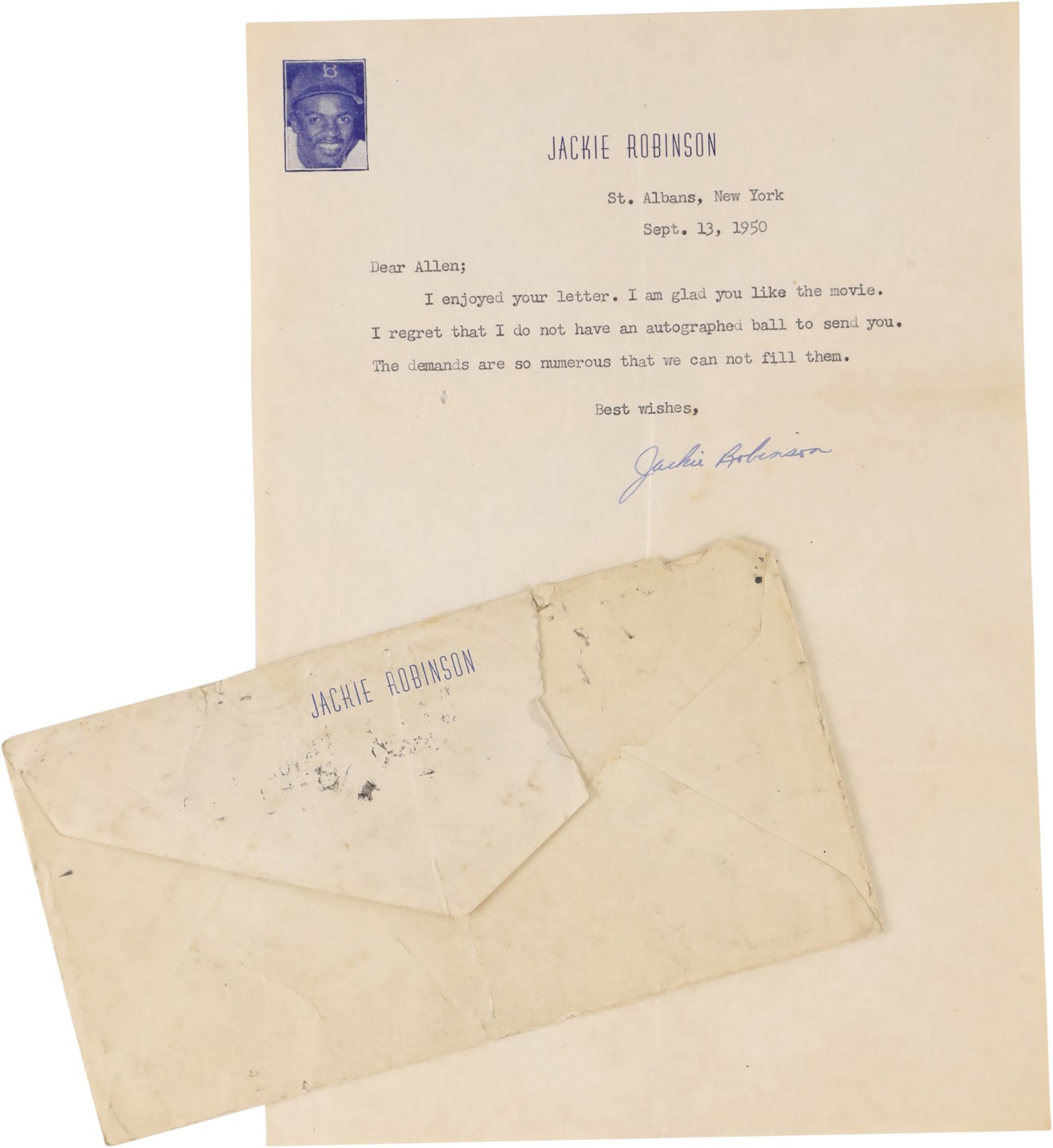 - 1950 Jackie Robinson Signed "Autograph Rejection" Letter (PSA)