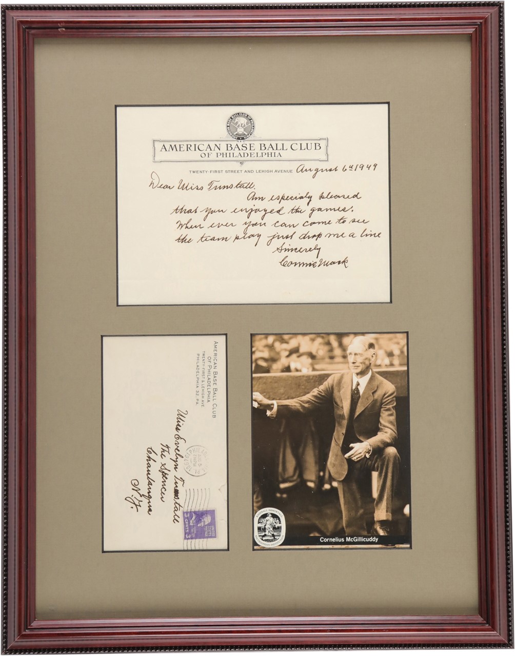 - 1949 Connie Mack Signed Handwritten Letter and Envelope Display (PSA)