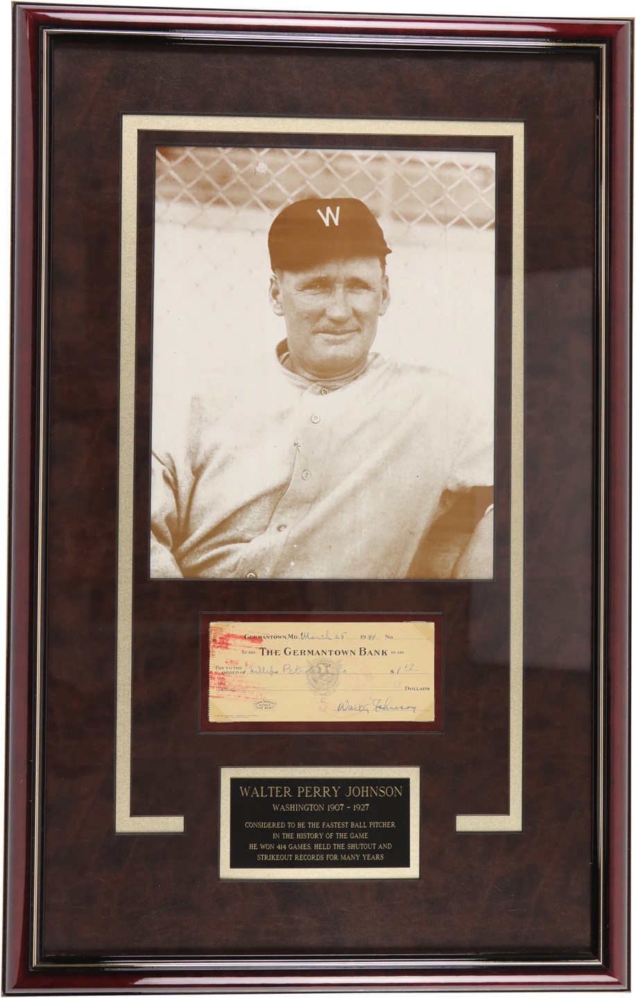 - 1941 Walter Johnson Signed Check Display (PSA)