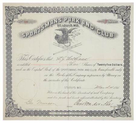 1891 St. Louis Stock Certificate for Sportsman’s Park and Club